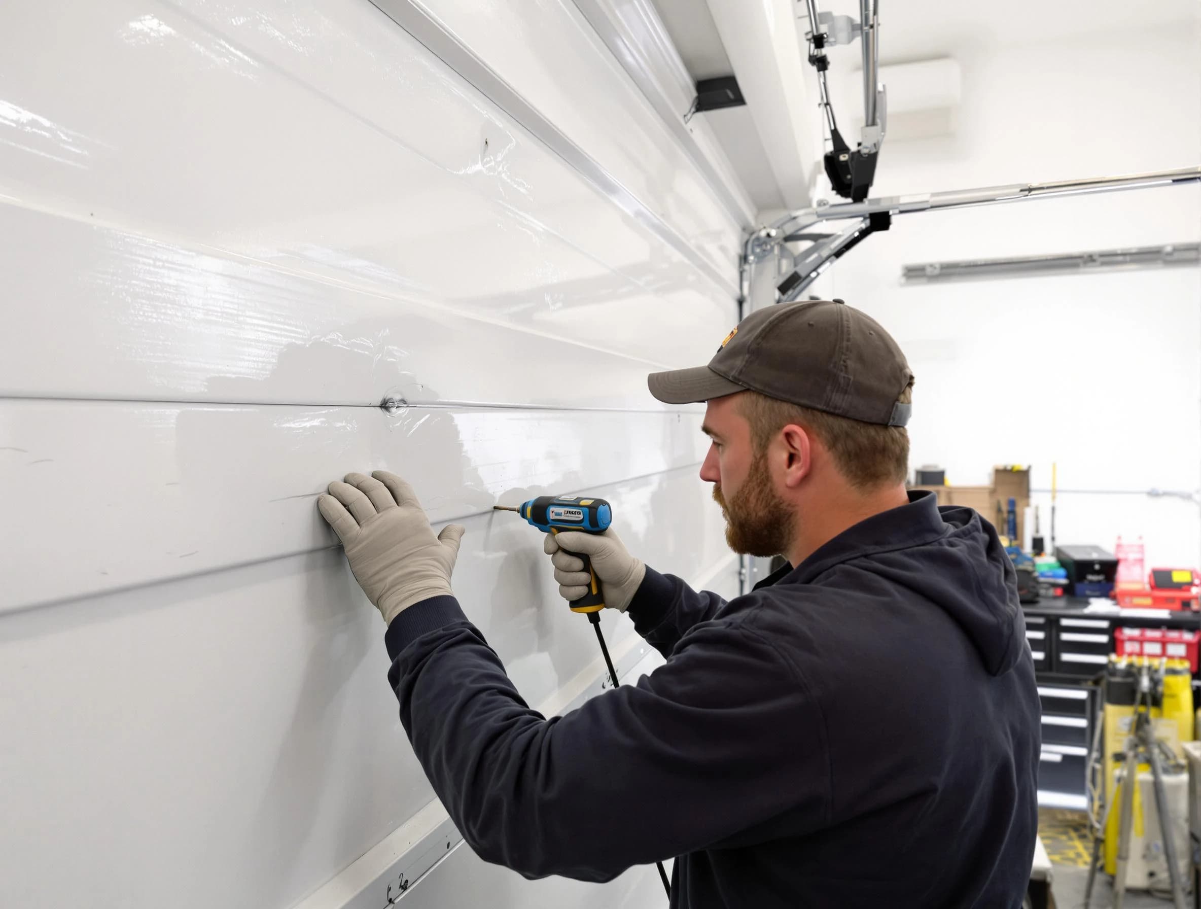 Elk Ridge Garage Door Repair technician demonstrating precision dent removal techniques on a Elk Ridge garage door